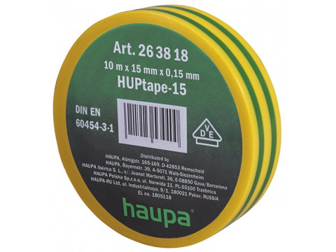 Изолента ПВХ HAUPA желто-зеленая 15 мм x 10 м d=60 мм в Сургуте